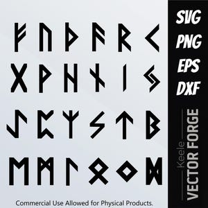 May include: A digital graphic featuring twenty black Elder Futhark runic symbols arranged in four rows on a light gray background. A black vertical sidebar on the right displays the text SVG, PNG, EPS, DXF, and Keele VECTOR FORGE.