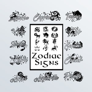 May include: Black and white illustration of the 12 zodiac signs with their corresponding symbols. The signs are arranged in a grid with the text "Zodiac Signs" in the center.
