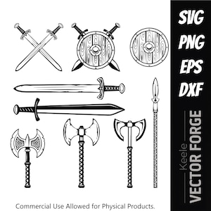 May include: A black and white digital graphic set featuring various medieval weaponry including crossed swords, a wooden shield, a spear, and three distinct double-headed axes. The text reads SVG, PNG, EPS, DXF, and Keele VECTOR FORGE.