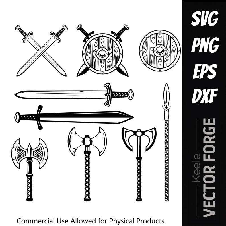 Pode incluir: Um conjunto gr&aacute;fico digital em preto e branco apresentando v&aacute;rias armas medievais, incluindo espadas cruzadas, um escudo de madeira, uma lan&ccedil;a e tr&ecirc;s machados de cabe&ccedil;a dupla. O texto diz SVG, PNG, EPS, DXF e Keele VECTOR FORGE.