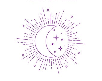May include: White background with purple text and a crescent moon design. The text reads "I AM RADIANT AND FULL OF LIFE" and "I AM A POWERFUL AND INTUITIVE BEING". The moon is surrounded by radiating lines and stars.
