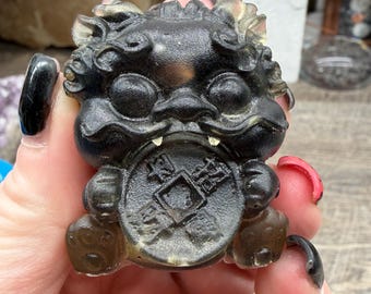 Kirin Statue, Black Obsidian Pixiu Carving, Root Chakra Obsidian