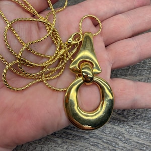 Vintage Gold Tone Pendant Necklace 32” – Modernist Statement Necklace