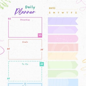May include: A daily planner with sections for priorities, goals, to do, and notes. The planner has a colorful design with pastel-colored sticky notes.