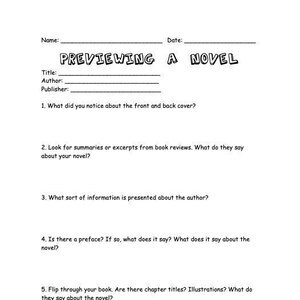 Previewing a Novel Worksheet