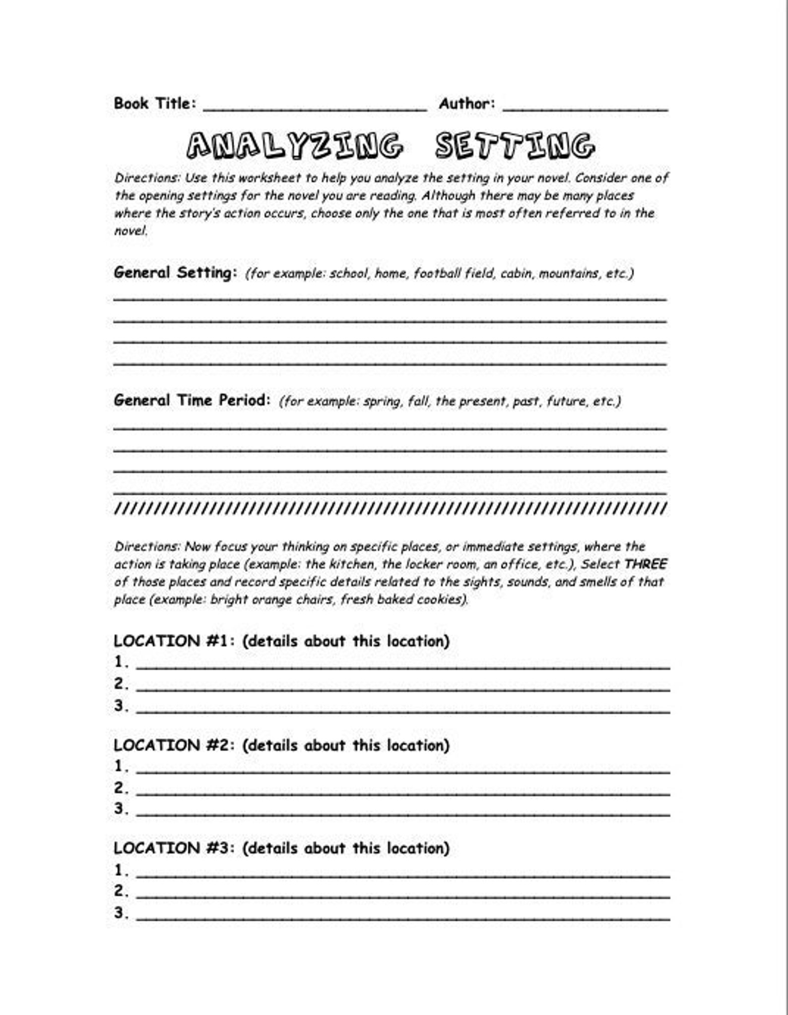 Analyzing Setting in a Novel Worksheet - Etsy