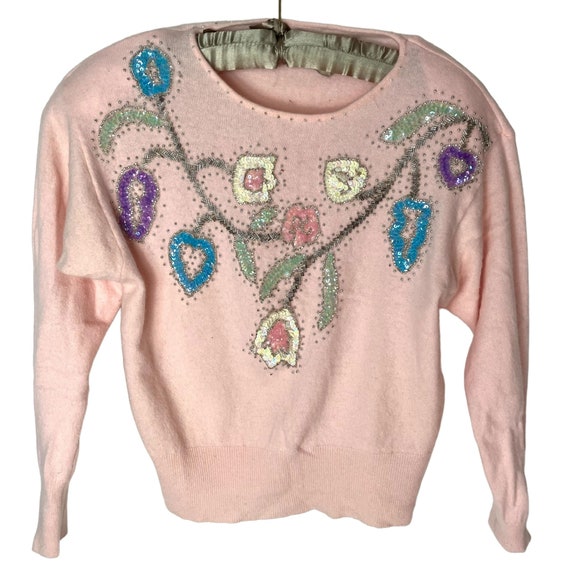 Vintage 80s Beaded Sweater Pastel Small - image 1