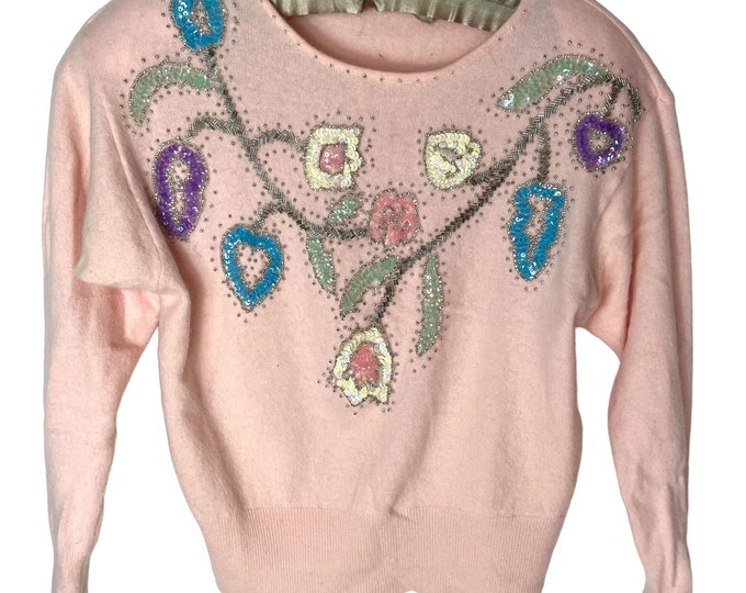 Vintage 80s Beaded Sweater Pastel Small