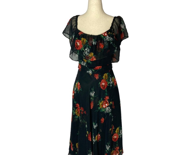 Vintage 70s Floral Chiffon Midi Dress S/M