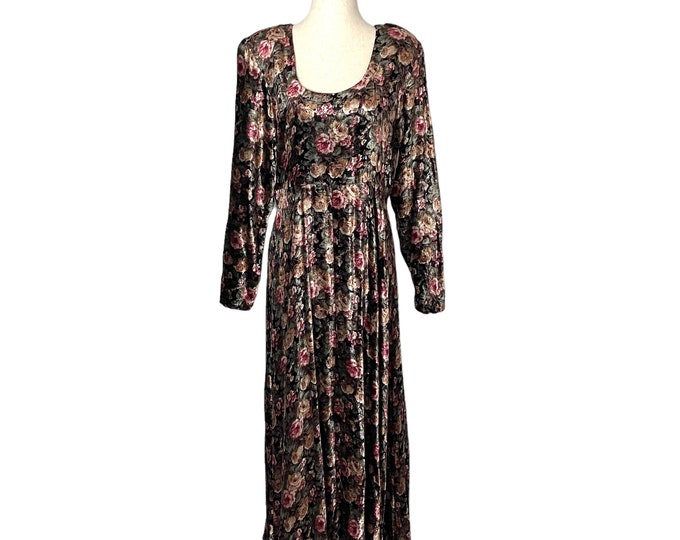 Vintage 90s Velour Floral Maxi Dress Medium