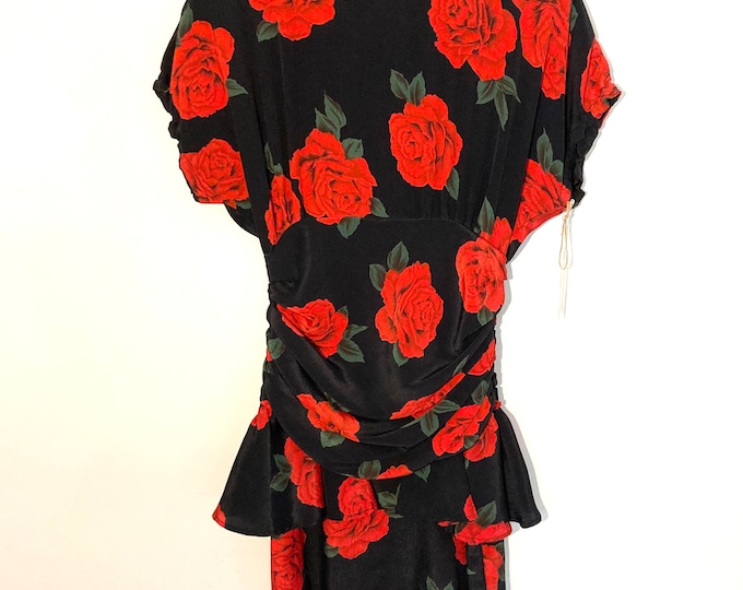 Vintage 80s Rose Print Party Dress Small