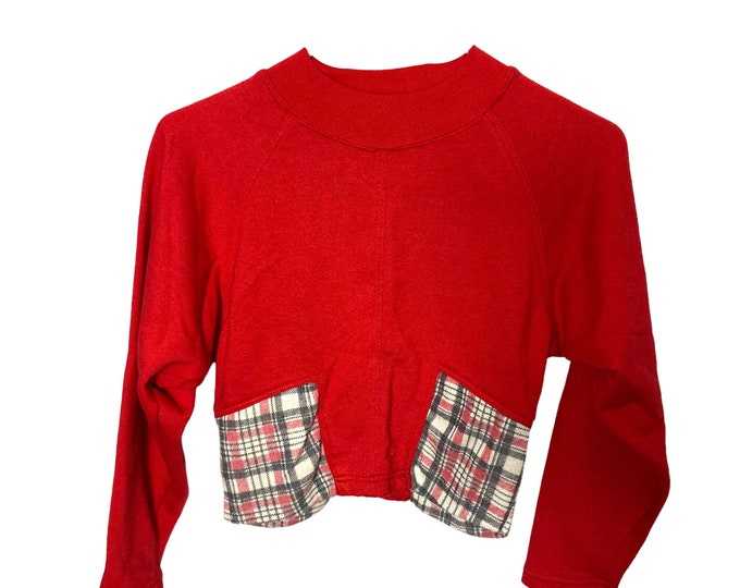 Vintage 80s Cropped Sweatshirt Red Plaid XS