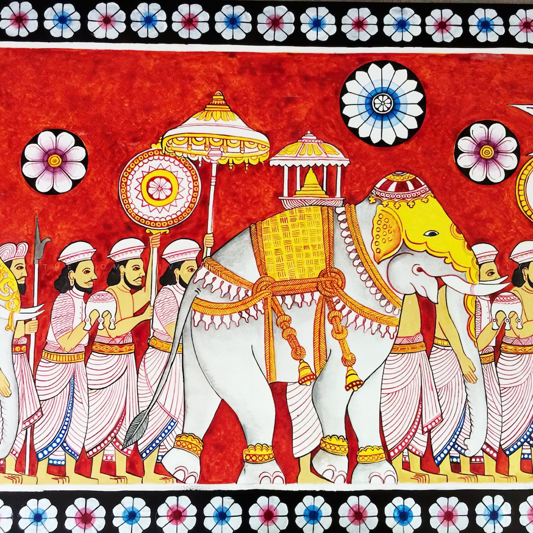 Sri Lanka Traditional Painting Three Elephants in Kandy Perahara Wall