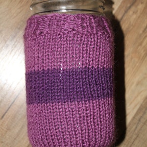 purple striped hand-knit mason jar cozy