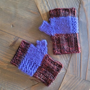 bright purple and red hand-knit toddler mitts