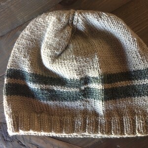 hand knit sporty beige and gray striped kids hat