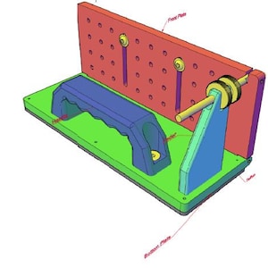 Può includere: Un modello 3D di un dispositivo per la lavorazione del legno con una base verde, una maniglia blu e una piastra frontale rossa. Il dispositivo ha un meccanismo rotante con un ingranaggio giallo. Il testo "Front Plate", "Handle", "Plunger", "Bottom Plate" e "Teflon" è etichettato nell'immagine.