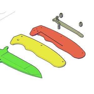 Op de afbeelding: Een set van vijf onderdelen voor een vouwmes. De onderdelen zijn in verschillende kleuren: groen, geel, oranje en grijs. De onderdelen liggen op een witte achtergrond.