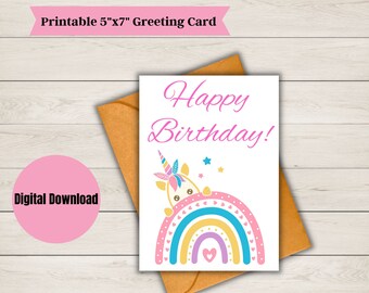 Printable Birthday Card, Digital Birthday Card, Greeting Card - Happy Birthday Unicorn Rainbow ...