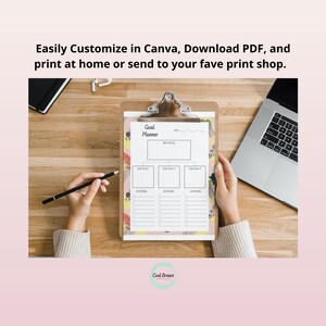 May include: A printable goal planner with a floral design. The planner has sections for a big goal, sub goals, and actions. The text "Goal Planner" is at the top of the page.