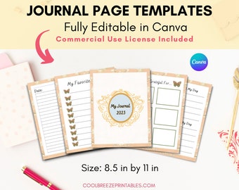 Printable Journal Pages, Journal Template Canva, Editable Journaling Pages in Canva, Commercial Use