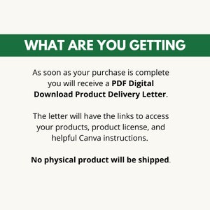 May include: Text on a green background that reads "WHAT ARE YOU GETTING" followed by a description of the digital product delivery process.  The text explains that after purchase, a PDF Digital Download Product Delivery Letter will be sent with links to access the products, product license, and Canva instructions.  The text concludes with "No physical product will be shipped."