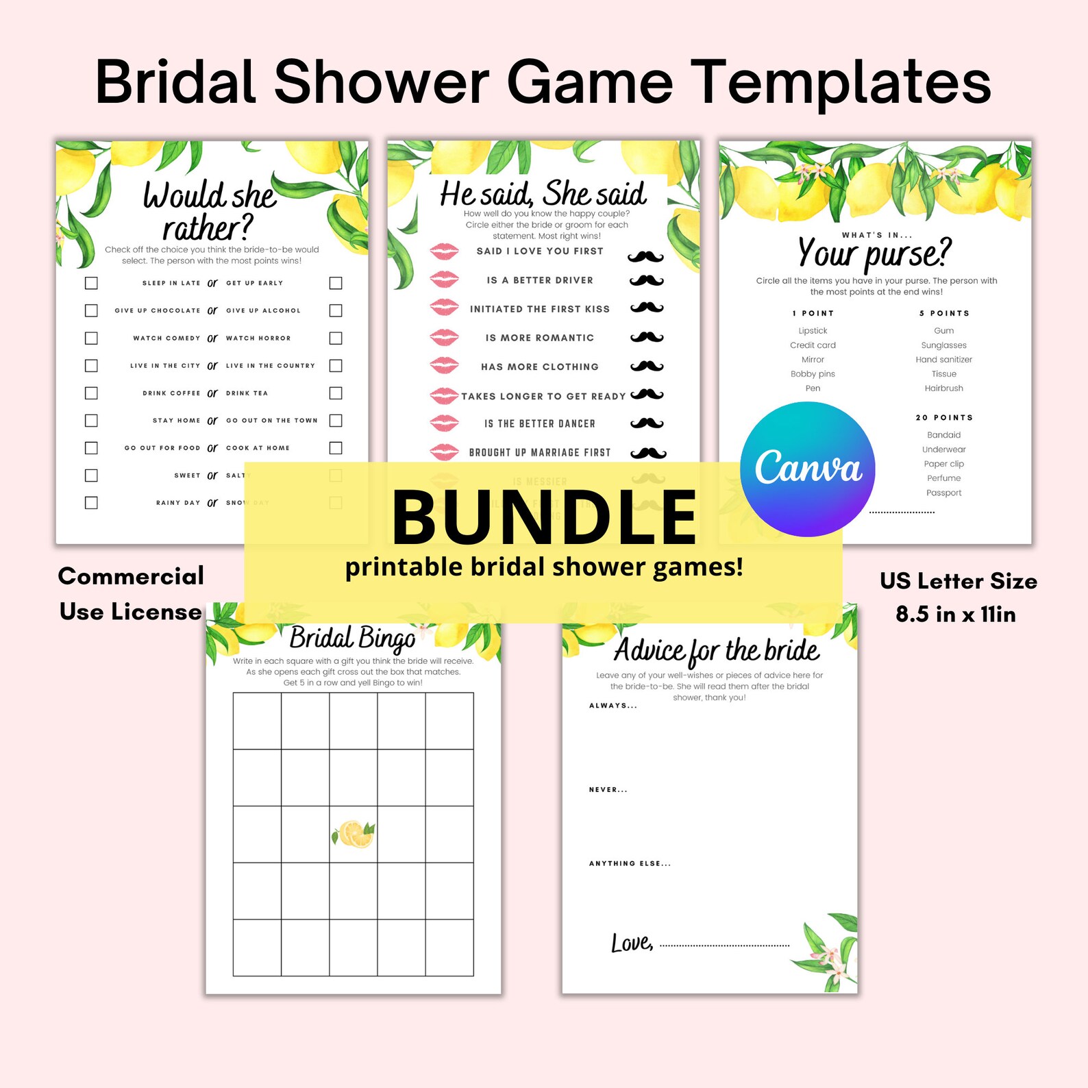 Printable Bridal Shower Game Templates, Lemon Themed Bridal Shower ...