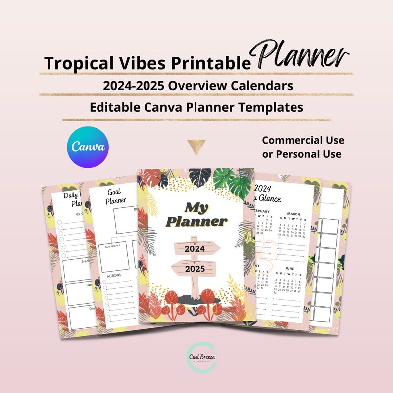 May include: Printable planner templates featuring tropical leaf designs. The planner includes a daily plan, goal planner, and 2024-2025 overview calendars. The text "My Planner" is featured on the cover.