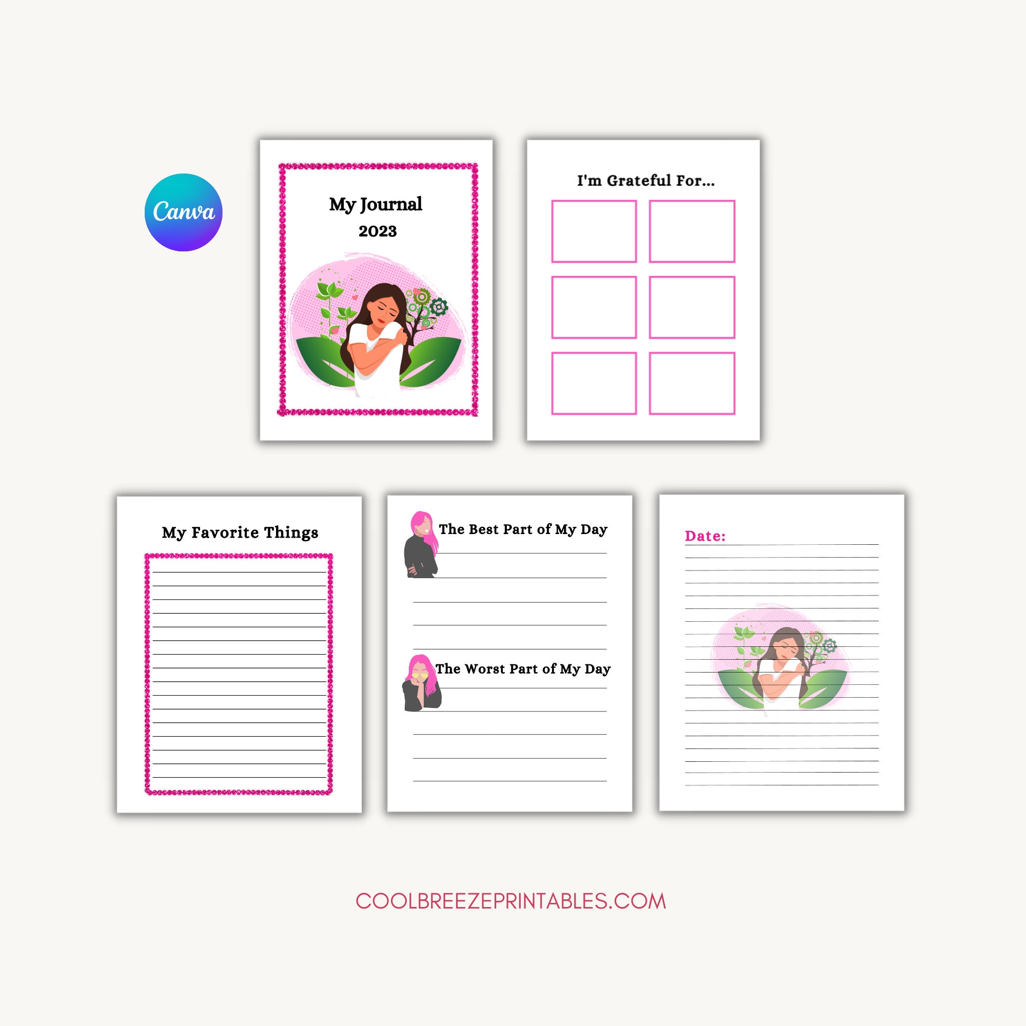 Printable Journal Pages, Journal Template Canva Pink, Editable