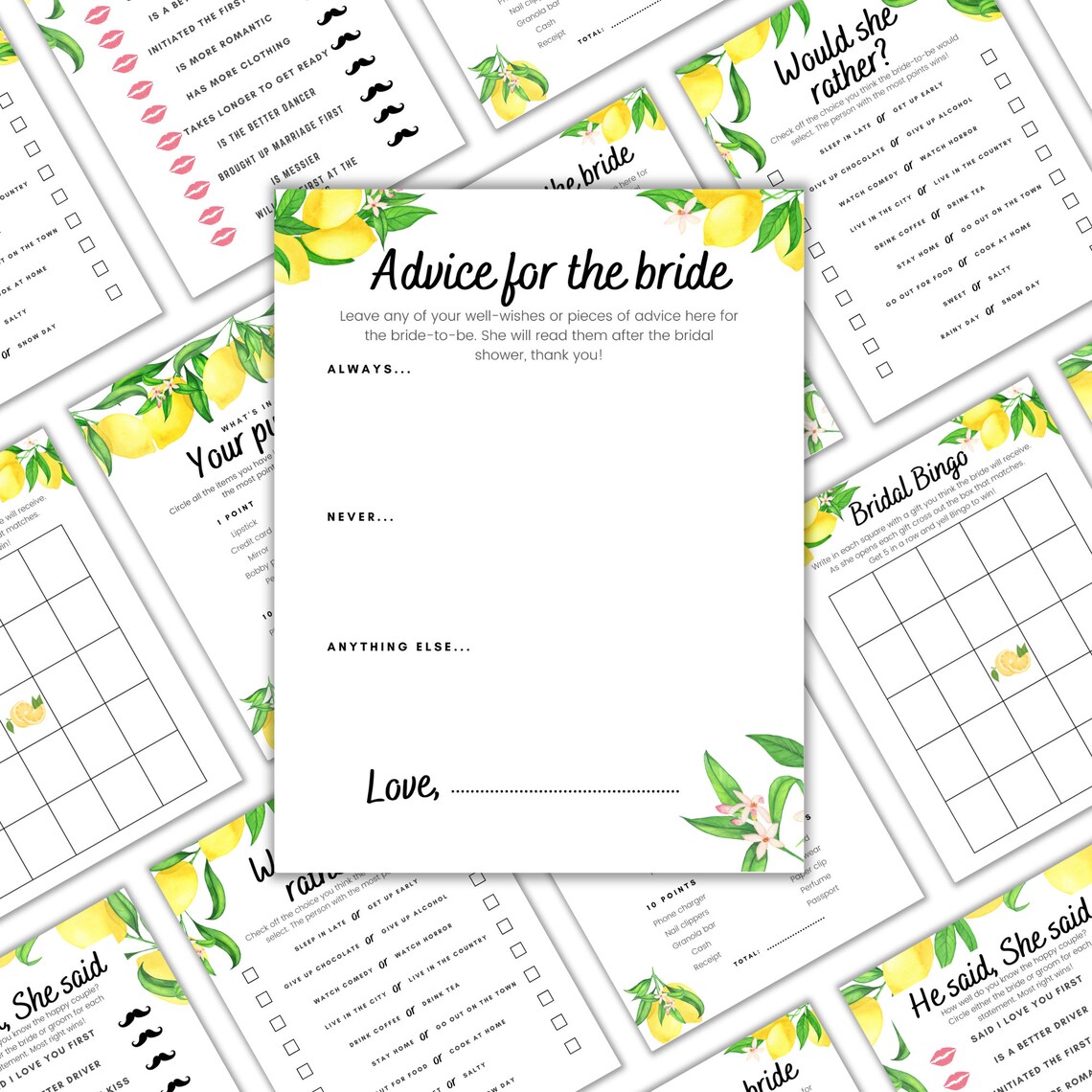 Printable Bridal Shower Game Templates, Lemon Themed Bridal Shower ...