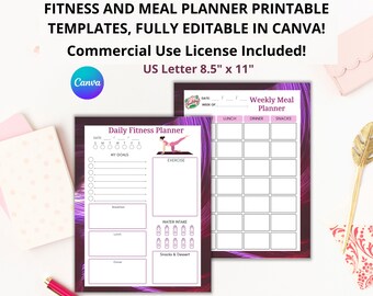 Printable Fitness Planner, Blank Fitness Tracker Printable, Undated Meal Planner, Canva Fitness PLR Planner, Commercial Use