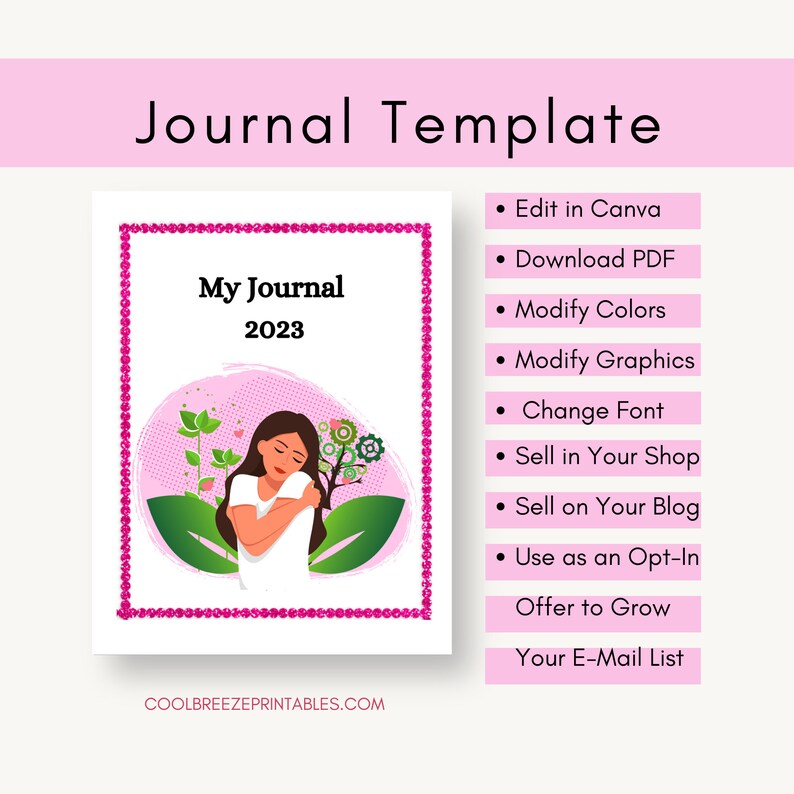 Printable Journal Pages, Journal Template Canva Pink, Editable