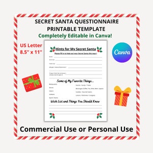 Secret Santa Questionnaire Template, Canva Template for Secret Santa Printable, Gift Exchange, Commercial Use, Secret Santa Printable PDF