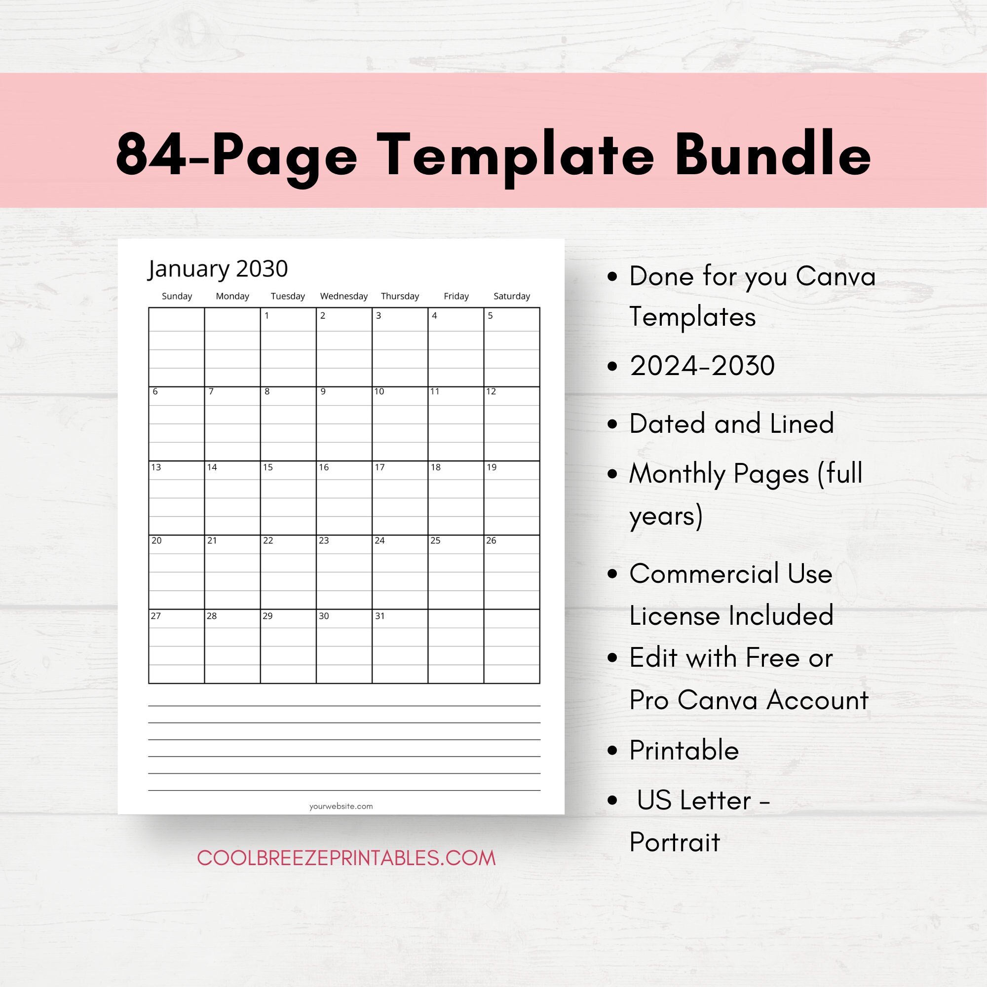 2024 to 2030 Canva Calendar Template Pack, Canva Planner Editable