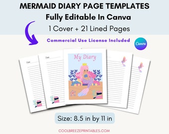 Printable Journal Pages, Editable Mermaid Diary Template, Editable Journaling Pages in Canva, Commercial Use, Diary Printable Template