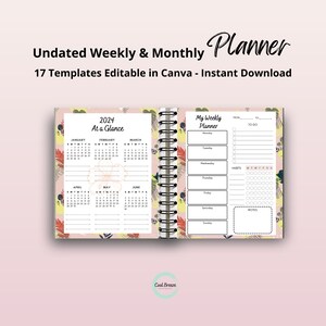May include: A pink and yellow planner with floral designs. The planner includes monthly calendar pages for 2024 and a weekly planner page with sections for to-do lists, habits, and notes.
