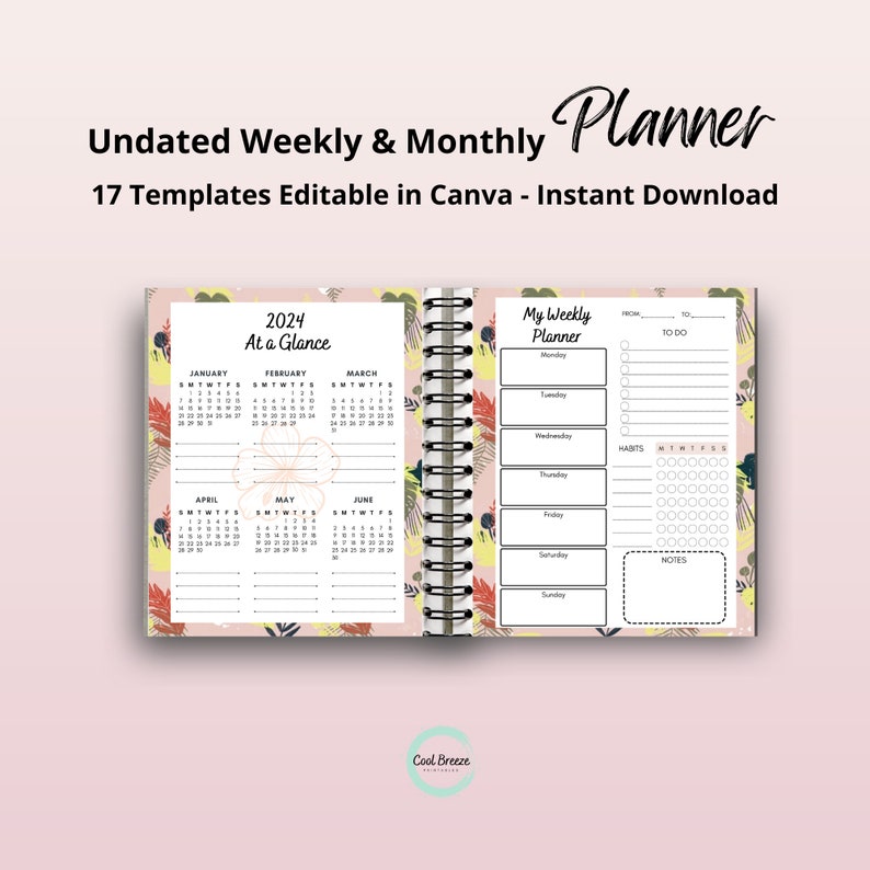 May include: A pink and yellow planner with floral designs. The planner includes monthly calendar pages for 2024 and a weekly planner page with sections for to-do lists, habits, and notes.