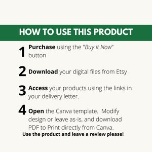 May include: A green and white graphic with four numbered steps on how to use a digital product. The steps are: 1. Purchase using the "Buy it Now" button, 2. Download your digital files from Etsy, 3. Access your products using the links in your delivery letter, and 4. Open the Canva template. Modify design or leave as-is, and download PDF to print directly from Canva. Use the product and leave a review please!