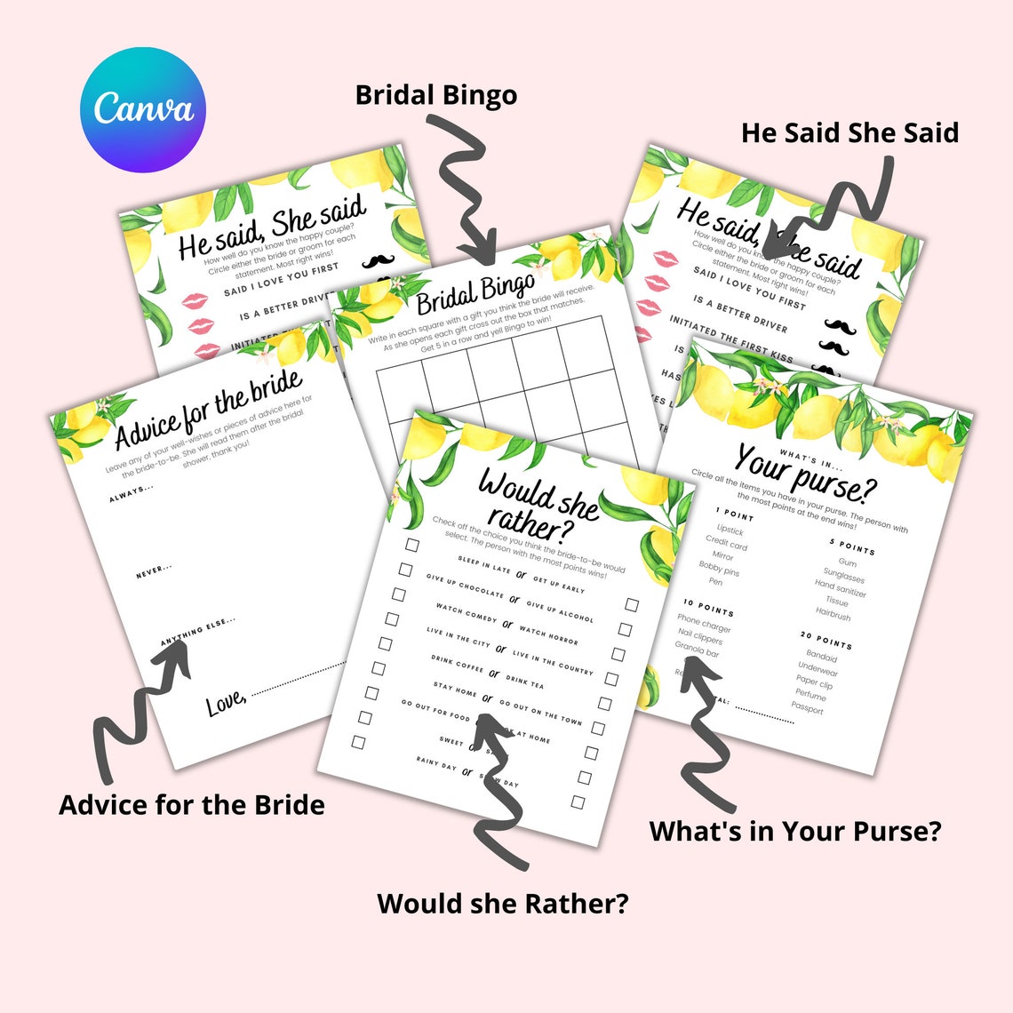 Printable Bridal Shower Game Templates, Lemon Themed Bridal Shower ...
