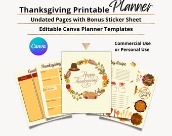May include: Printable Thanksgiving planner with editable Canva templates. The planner includes a guest list, meal planning pages, and a turkey recipe. It also includes a bonus sticker sheet with fall-themed designs.