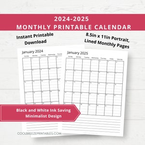 2024-2025 Monthly Calendar, Printable Monthly Calendar,  Lined Monthly Calendars, Minimal Design, Digital Download, 8.5 x 11, PDF, Planner