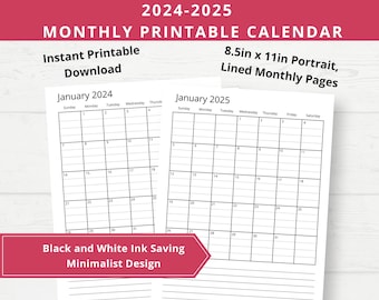 2024-2025 Monthly Calendar, Printable Monthly Calendar,  Lined Monthly Calendars, Minimal Design, Digital Download, 8.5 x 11, PDF, Planner