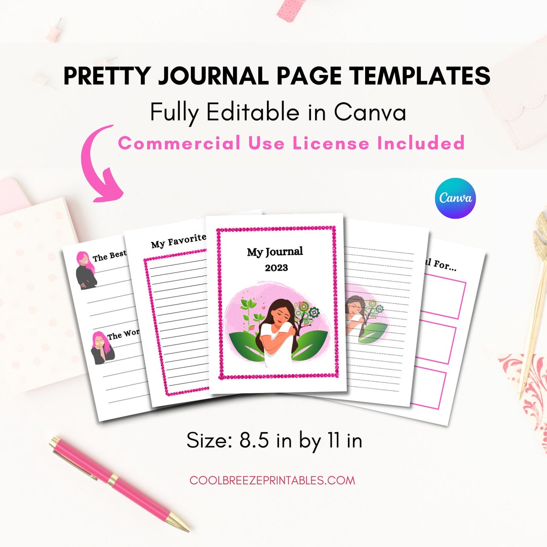 Printable Journal Pages, Journal Template Canva Pink, Editable