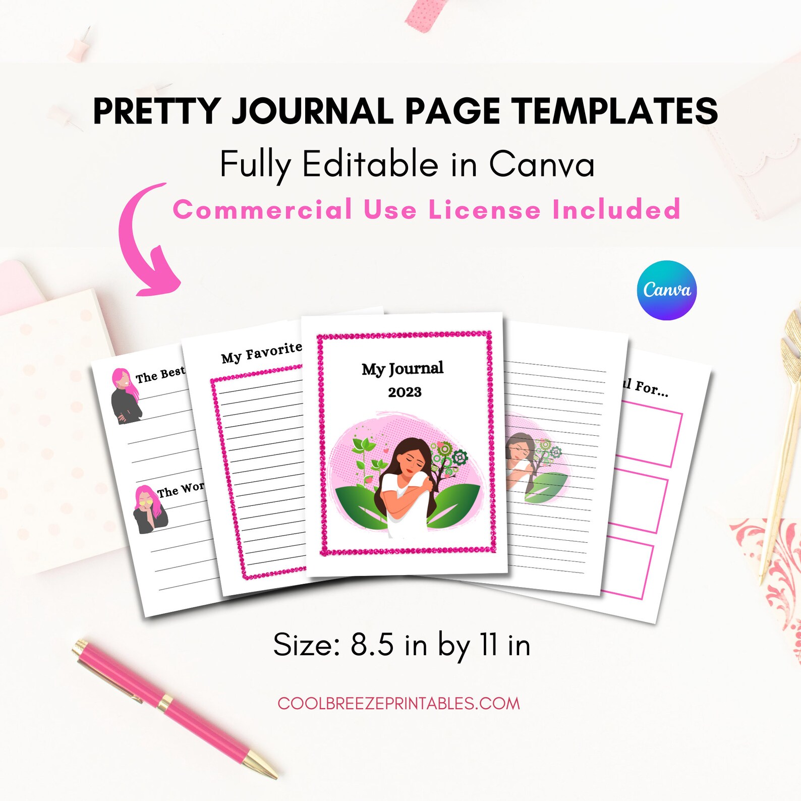 Printable Journal Pages, Journal Template Canva Pink, Editable