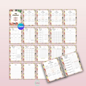 May include: A pink and yellow floral planner with a gold arrow and the text "My Planner 2024-2025". The planner includes monthly and weekly calendar pages, to-do lists, and notes pages.