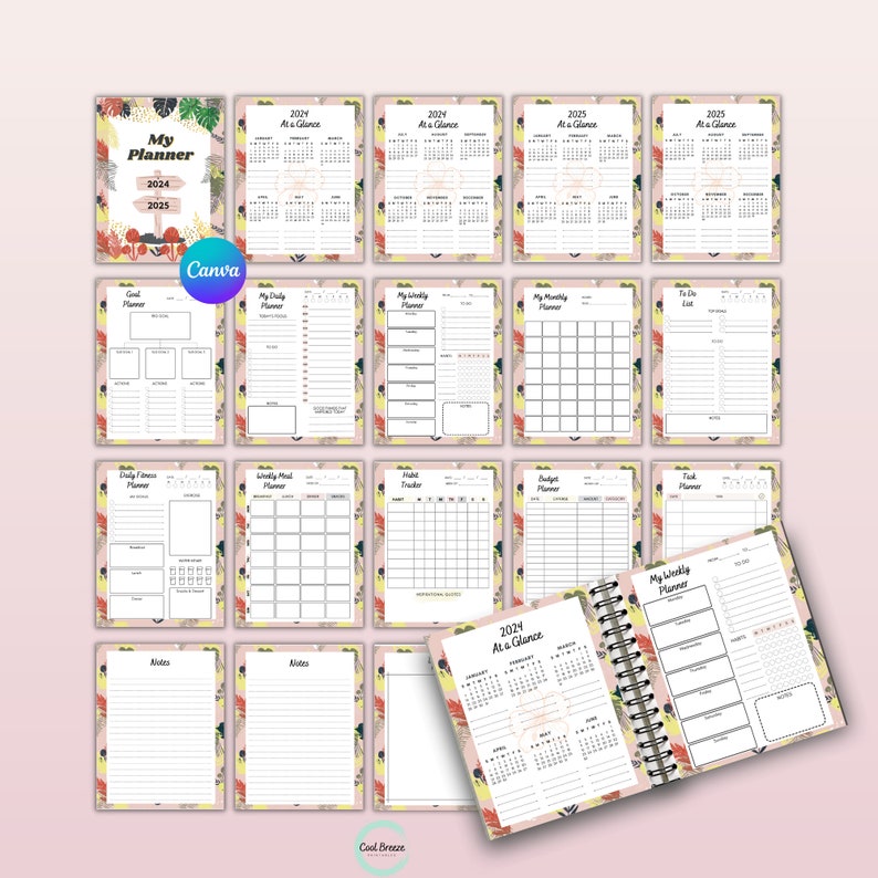 May include: A pink and yellow floral planner with a gold arrow and the text "My Planner 2024-2025". The planner includes monthly and weekly calendar pages, to-do lists, and notes pages.