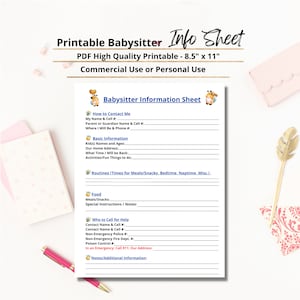 Babysitter Information Printable for Parents, Babysitter, and Nanny, PDF Babysitter Information Sheet (Commercial Use Allowed)