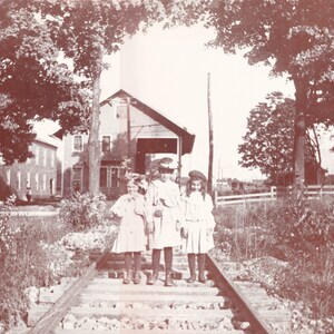 Vintage Sepia Tone Nostalgic Art Print - Three Girls on Railroad Track c. 1900