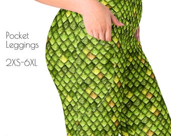 Dragon Scale Leggings with Pockets Mermaid Crocodile Snake Alligator incl Plus Sizes | 5395-LWP Green Scales N