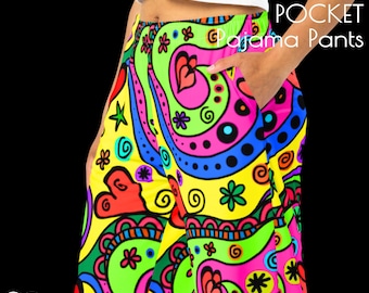 Graffiti Style Unisex Pajama PJ Bottoms Groovy Neon 90s Cartoon Lounge Pants 5679-PJU Flying Hearts